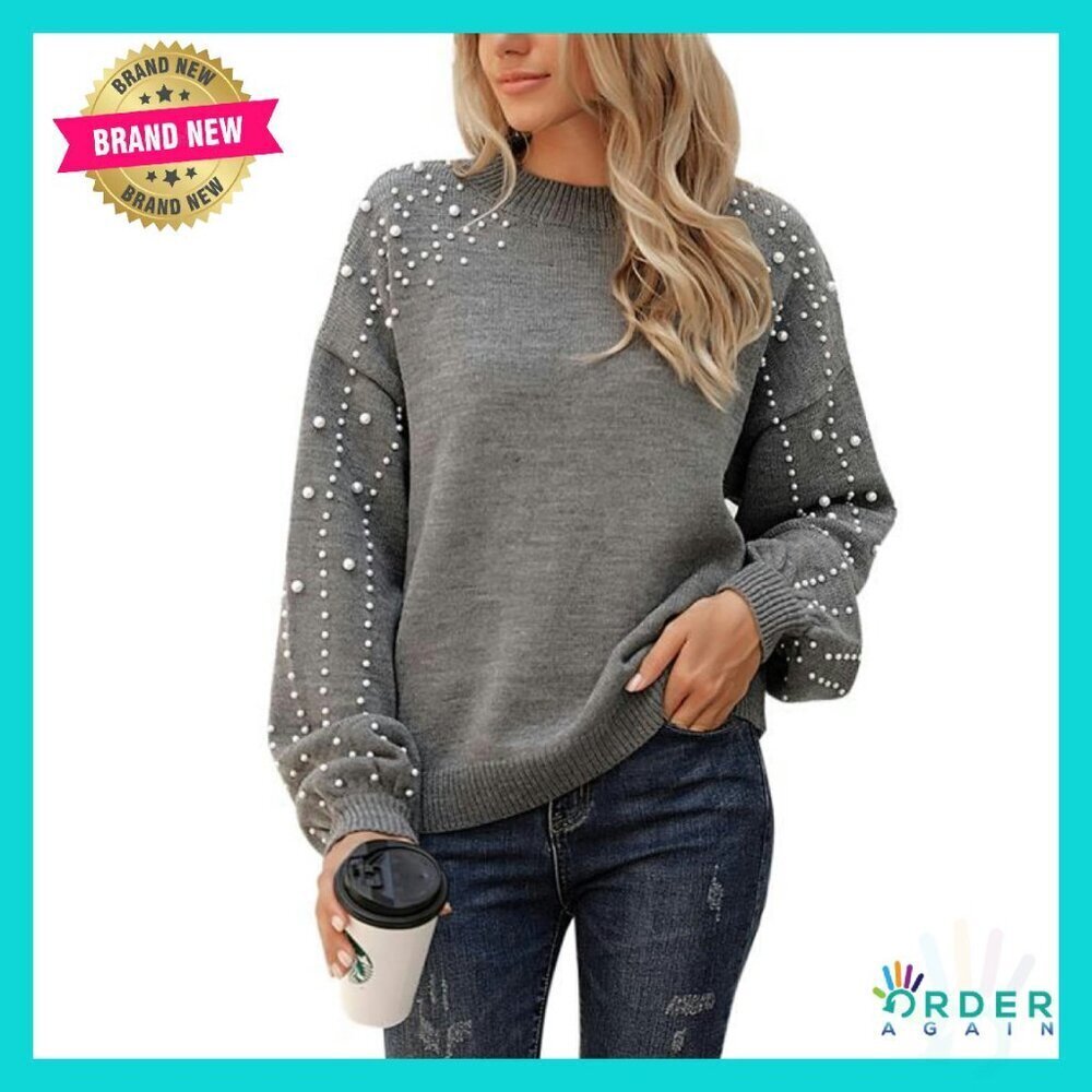 Chunky Knit Sweater Oversized Lantern Sleeve Pullover Pearl Accents Y2K Chic